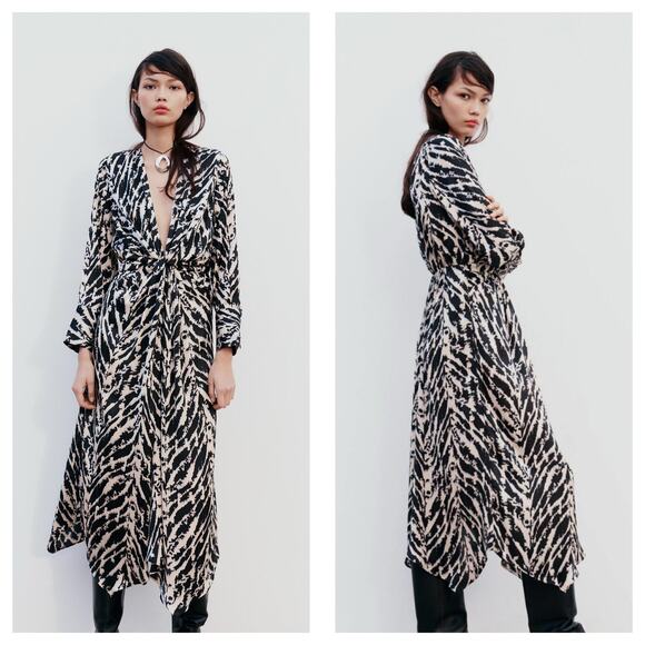 Zara Woman Satin Effect Animal Print Midi Dress Small Long Sleeve 9878/081 - Picture 1 of 13
